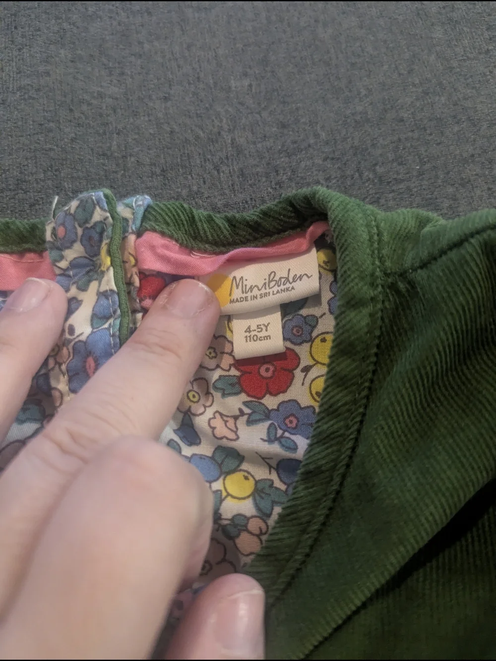 Mini Boden Green Corduroy Dress with Floral Lining